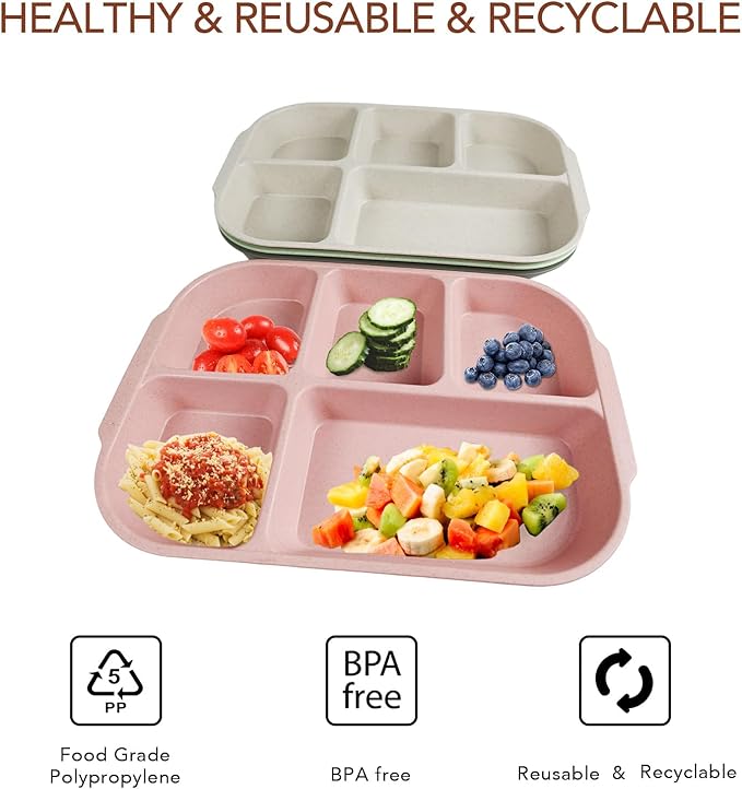 greenandlife 10.8 Inch 4PCS Divided Plates for Kids Adults, Portion Control Plates, Dishwasher & Microwave Safe Compartment Plate, Unbreakable Lightweight Reusable Wheat Straw Plates, INS