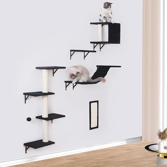 Modern Wall-Mounted Cat Furniture - 5pcs Cat Wall Shelves, Wooden Climber Includes House, Bridge, Tree, Steps, and Scratcher (Black)