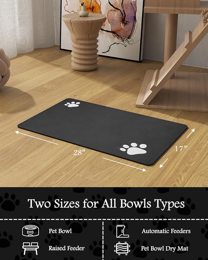 Pet Feeding Mat-Absorbent Dog Mat for Food and Water Bowl-No Stains Quick Dry Water Dispenser Mat-Dog Accessories Pet Supplies-Bowl for Messy Drinkers（Black,17"x28"