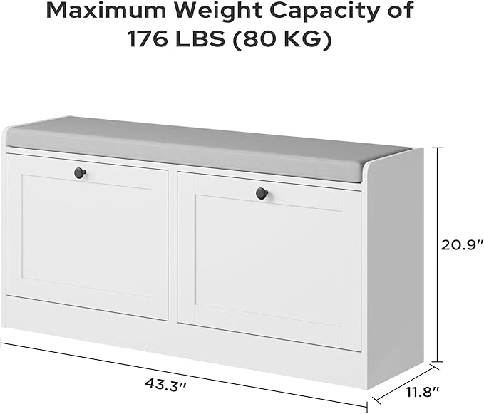 MHOM White Entryway Bench with 2 Flip Drawers, Shoe Bench with Padded Seat Cushion, Wooden Shoe Storage Bench for Entryway and Apartment