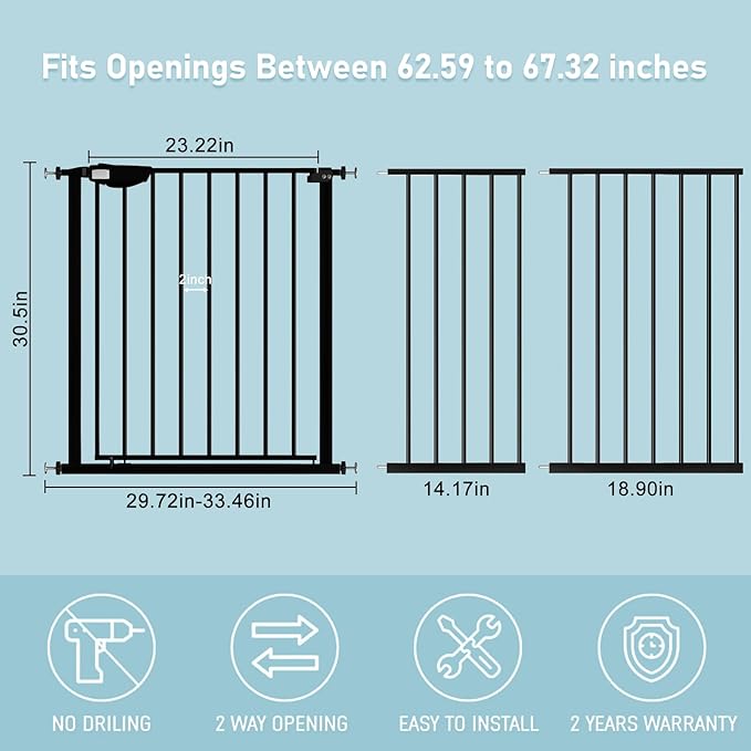 WAOWAO Triple Lock Baby Gate Extra Wide 62.59-67.32" Pressure Mounted Walk Through Swing Auto Close Safety Black Metal Dog Pet Puppy Cat for Stairs,Doorways,Kitchen