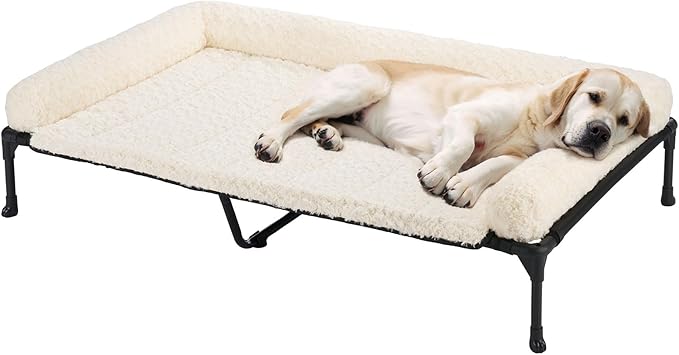 Veehoo Cooling Elevated Dog Bed Add Removable Deluxe Rose Plush Bolster Cushion Mat, 53" x 33" Washable Dog Couch Bed, Raised Pet Cot with Breathable Teslin Mesh, No-Slip Feet, White, CWC2439B