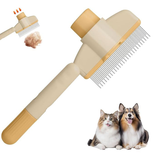Pet Hair Removal Comb Flea Comb, New Cat Brush with Release Button Pet Hair Grooming Brush Supplies (YELLOW)