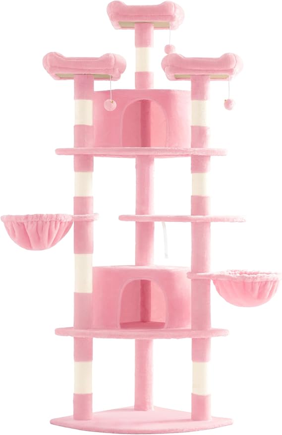 SHA CERLIN 73in Fan-Shaped Corner Cat Tower for Save Space/Multi-Level Tall Cat Tree for Indoor Kitties/Condo with Baskets/Cozy Perches/Sisal Scratching Posts/Pet Activity House/Pink