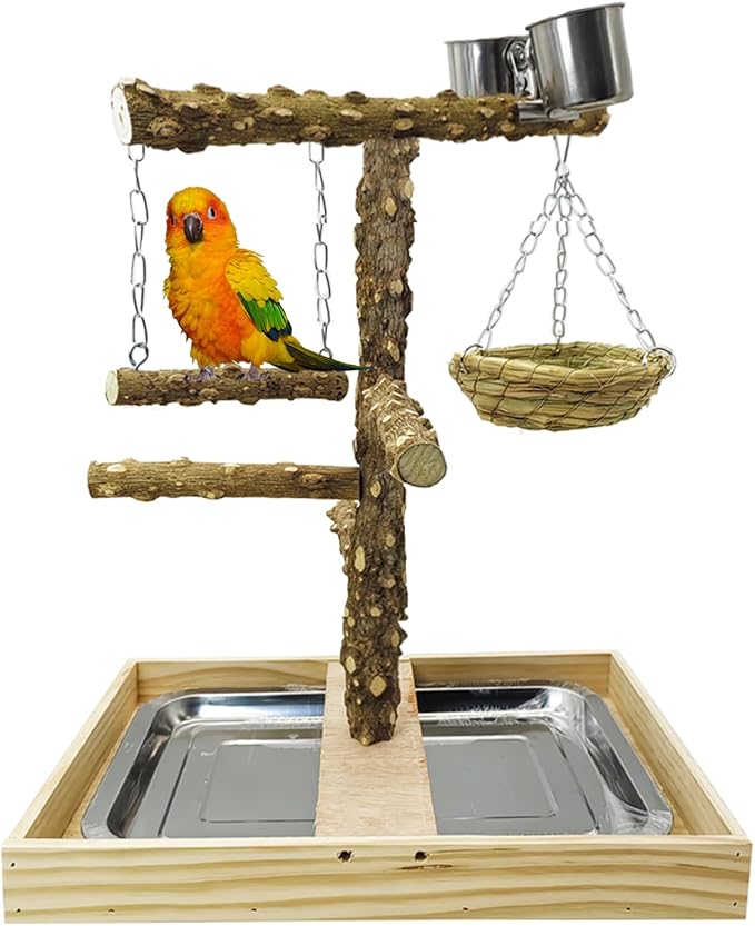 Tfwadmx Bird Perch Natural Wood Stand Toy Parrot Play Stand Platform and Hanging Bird Nests Bird Cage with Removable Tray and 2 Stainless Steel Cups for Parakeets Canaries Cockatiels Conure Lovebirds