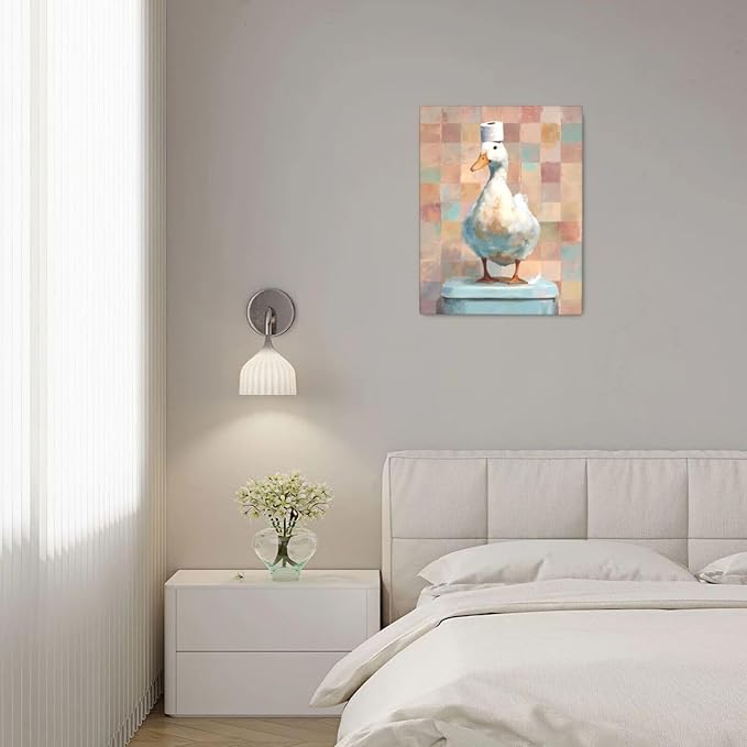 Funny Duck Bathroom Wall Art Cute Duck on Toilet Canvas Wall Decor Funny Quirky Farm Animal Pictures Painting Print Framed Artwork Decorations Gifts for Bathroom 16"x20"