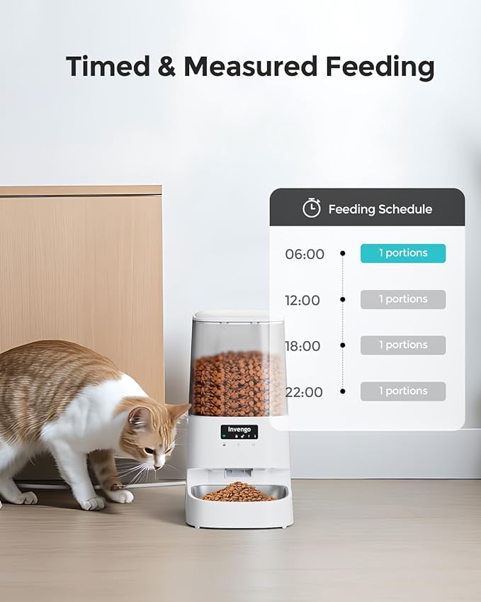 Cat Feeder Automatic - Cat Food Dispenser MeowServe S20, Auto Dog Feeder with Stainless Steel Bowl, 5L Pet Feeder with Patented Anti-Jam Port, App, Dual Lock Lid, Dual-Band WiFi & Power, White