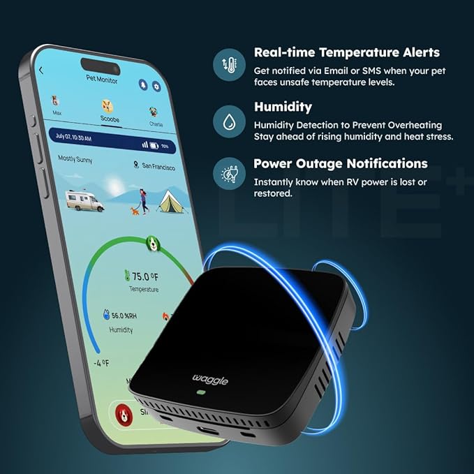 Waggle RV Pet Temperature Monitor + 4G Security Camera with Solar Powered Panel - Supports Multi-Carrier Network