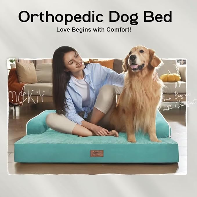 Orthopedic Large Dog Bed Washable, Orthopedic Dogs Bed with Removable Cover, XLarge XL Pet with Bolster, Washable Aqua Blue Large Dog Beds with Egg Foam for Medium Gaint Dogs