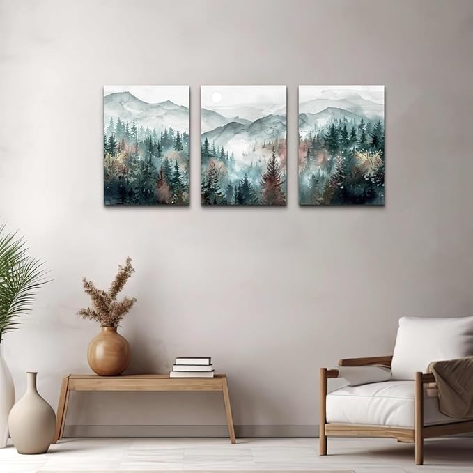 TTHYUEWS Farmhouse Wall Art For Bedroom Wall Decor For Living Room Wall Pictures for Office Fog Forest Mountain Landscape Watercolour Painting Artwork Modern Home Decorations Ready To Hang 3 Piece