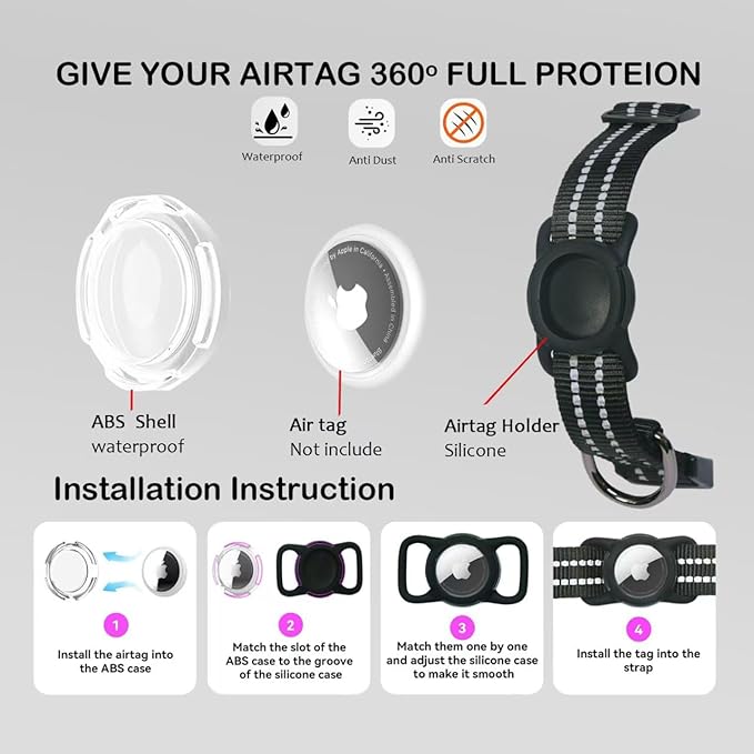 Reflective Dog Collar with Apple AirTag Holder & QR Code Pet ID Tag,Soft Nylon Adjustable Dog Tracker Collar with Safety Lock for Medium Dogs(Black, M)