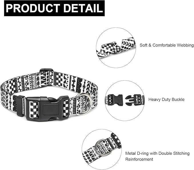 Mercano Adjustable Dog Collar - Special Design Patterns, Soft Nylon Comfortable Durable Pet Collar for Small Medium Large Dogs (M, Black White A)