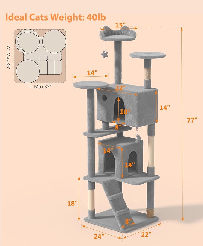 77'' Cat tree Tower for Indoor Cats Large Adult,Cute/Tall Modern Cat Tree for Big Cats 20 lbs,Plush Multi-Level Cat Condo with Scratching Posts,Dangling Ball for fun play(Light Gray, 77 inch)