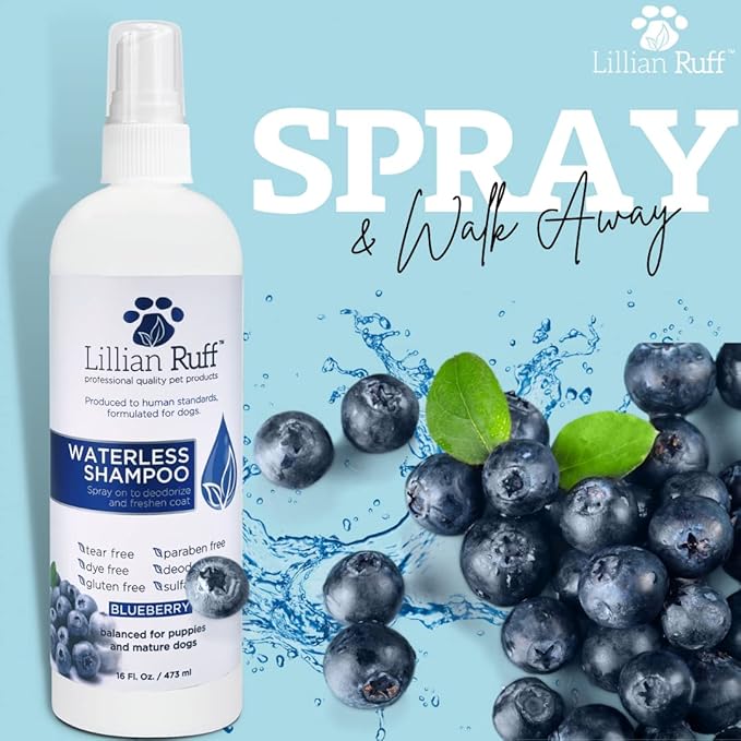 Lillian Ruff PRO Formula Berry Blue Brightening Dog Shampoo + Blueberry Waterless Dog Shampoo - Professional Whitening, Tear Stain Remover & No-Rinse Hydrating Odor Control, Aloe+Coconut Oil, USA Made