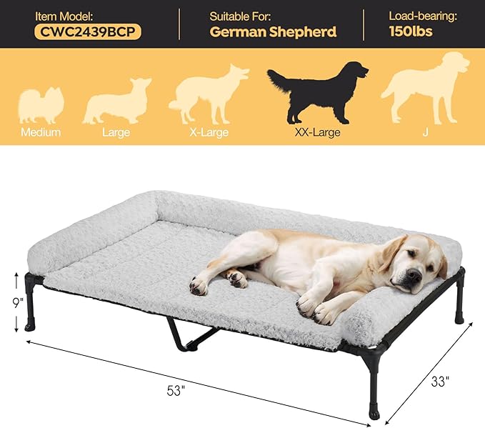 Veehoo Cooling Elevated Dog Bed Add Removable Deluxe Rose Plush Bolster Cushion Mat, 53" x 33" Washable Dog Couch Bed, Raised Pet Cot with Breathable Teslin Mesh, No-Slip Feet, Grey, CWC2439B