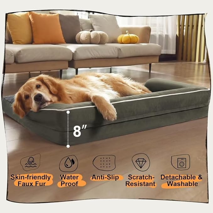 Large Dog Bed Orthopedic Washable - XXL Large Big Dogs - Waterproof with Removable Cover - Memory Foam - Beds Bolster Pet - Dogs Couch Sofa Bed - Dark Green Dog Beds
