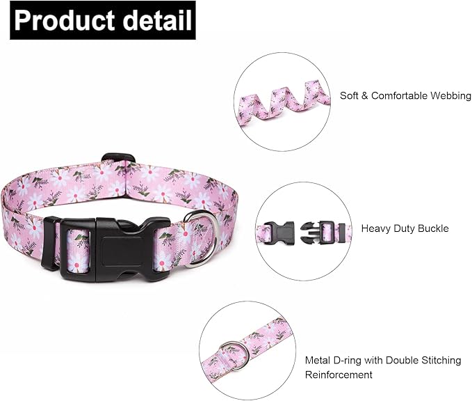 Mercano Adjustable Dog Collar - Special Design Patterns, Soft Nylon Comfortable Durable Pet Collar for Small Medium Large Dogs (M, Pink White Flower)
