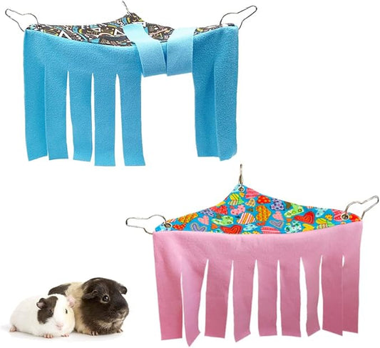 RIOUSSI Guinea Pig Hideout Hideaway Corner Fleece Toys Cage Accessories with Reversible Sides, Random/Gray-Blue+Pink, Pack of 2