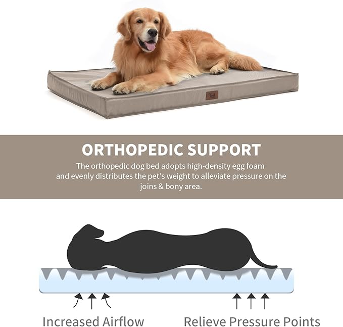 Outdoor Dog Bed for Medium/Small Dogs, Waterproof Dog Bed for Medium Dogs Cats, Orthopedic Egg Crate Foam Pet Bed with Removable Cooling Cover, Khaki