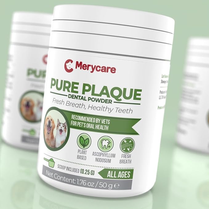 Pure Plaque Off Vet-Approved Dental Powder for Dogs & Cats | 100% Natural Teeth Cleaner with Seaweed | Plaque & Tartar Remover | Freshens Breath | No Brushing Needed (50g)