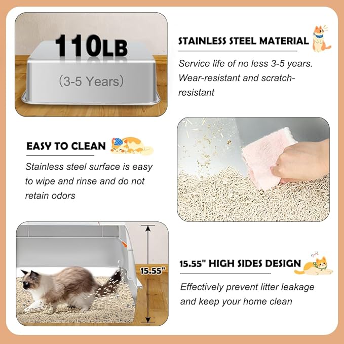 Vivifying Stainless Steel Litter Box with Lid, XL Side Entry Extra Large Litter Box for Big Cats & Kitty, Removable Enclosed Metal Cat Pan with High Sided Enclosure, Scoop, Mat, Footboard (Beige)