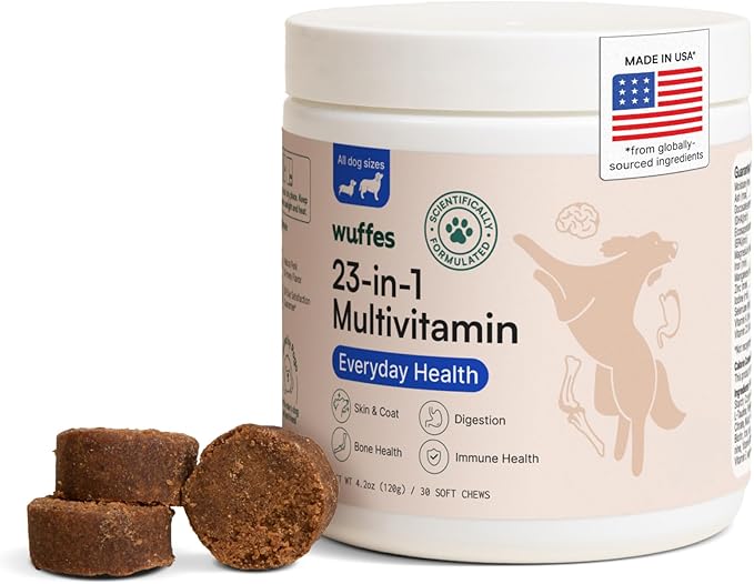 Wuffes 23-in-1 Dog Multivitamin Supplement for Hip & Joint, Skin & Coat and Immune System Support with Omega 3, Iron, Zinc, Vitamin C - Minerals & Vitamins for Senior Dogs and Puppies - 30 Soft Chews