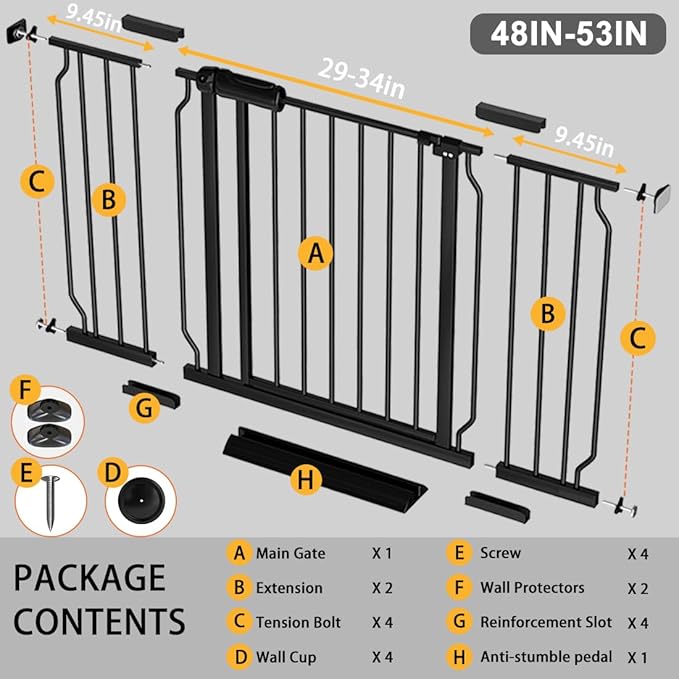 Fairy Baby Extra Wide Baby Gate 48-53 Inch Wide, Walk Through Pressure Mounted No Drill, Long and Large Tension Gate for Pet and Kids, Black