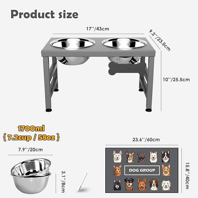 Elevated Dog Bowls, 10" Tall Height, Raised Bowl Stand with 2 Stainless Steel Food Feeder Bowls (58oz) and Spill-Proof Mat for Medium Large and Small Breeds, Grey