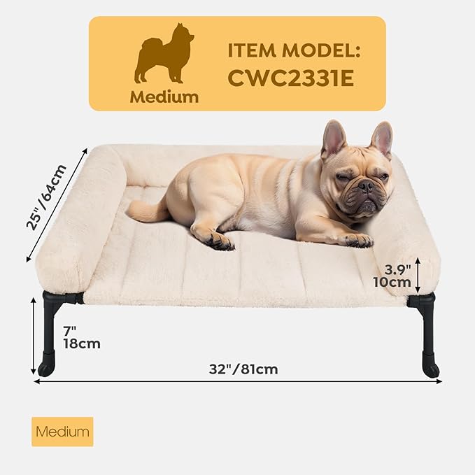 Veehoo Cooling Elevated Dog Bed with Fluffy Plush Bolster Cushion, Indoor Raised Dog Beds for Large Dogs, Soft Pet Sofa Cot with Removable Washable Mat, No-Slip Feet, 32 x 25 inches, Cream White
