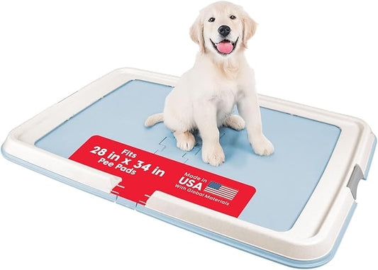 IRIS USA Pee Pad Holder - For Large Sized Puppy and Puppy Training Pads, Secured Latches, Non-Skid Feet, High Polish Finish for Easy Cleaning, Leak Protection, Fits 28"x 34" Pad or Larger, Square, Blue