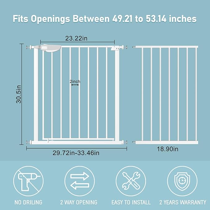 WAOWAO Triple Lock Baby Gate Extra Wide 49.21-53.14" Pressure Mounted Walk Through Swing Auto Close Safety White Metal Dog Pet Puppy for Stairs,Doorways,Kitchen