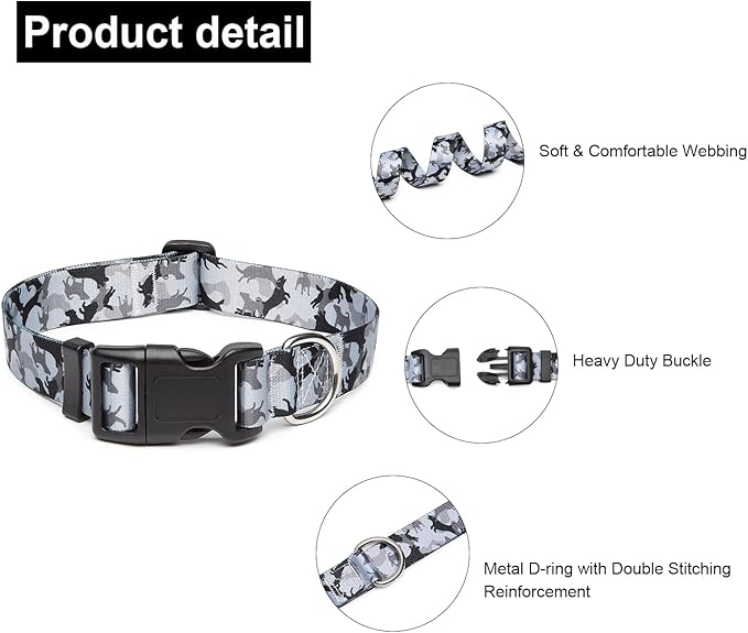 Mercano Adjustable Dog Collar - Special Design Patterns, Soft Nylon Comfortable Durable Pet Collar for Small Medium Large Dogs (L, Dog Camouflage Grey)