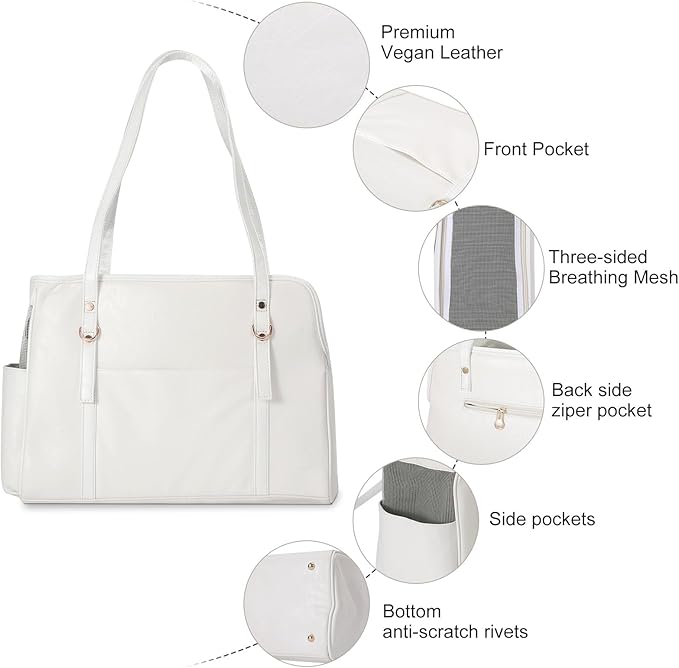 Dog Carrier Purse, Fashion Leather Pet Carrier with Pockets, Airline Approved Soft Sided Dog Carrying Bag for Puppy Cat Dog White