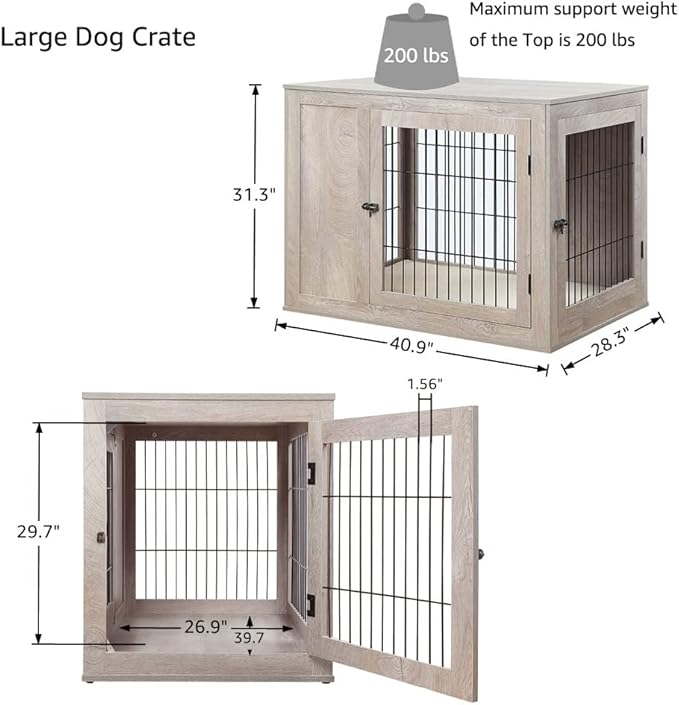 unipaws 41 Inch Furniture Style Dog Crate for Medium Large Dogs, Indoor Aesthetic Dog Stuff Kennel, Modern Wood Wire Cage, Pretty Cute End Side Table Nightstand, Weathered Grey