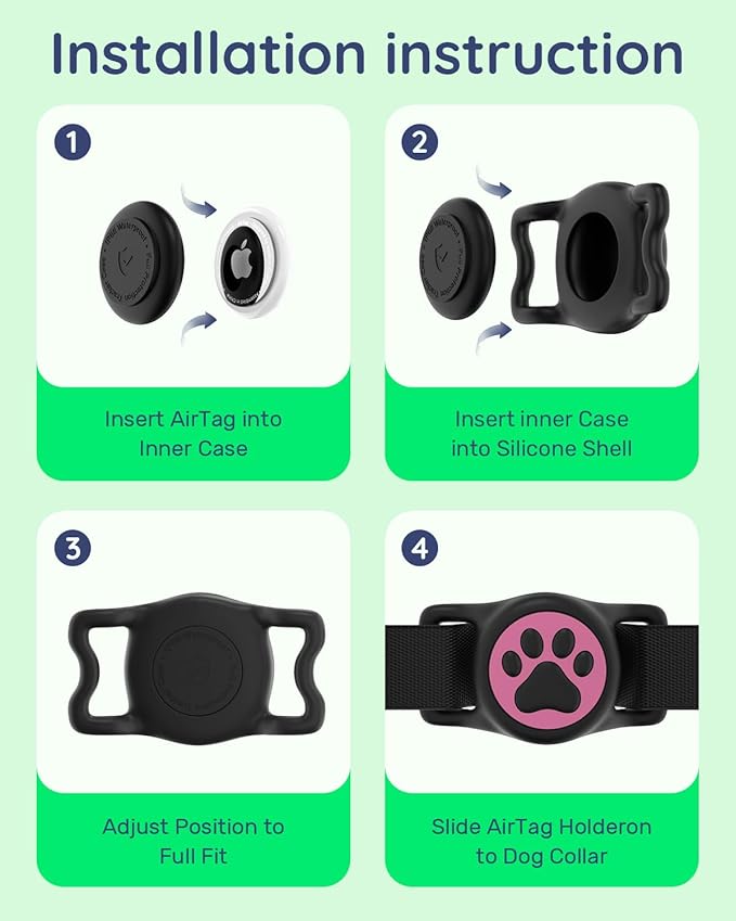 IP68 Waterpoof Dog Air tag Holder, Stretchy Silicone Full Body Covered Apple Air Tag Holder for Dog Cat Collar Fit All Width Collar (Black & Rose, 1 Pack)