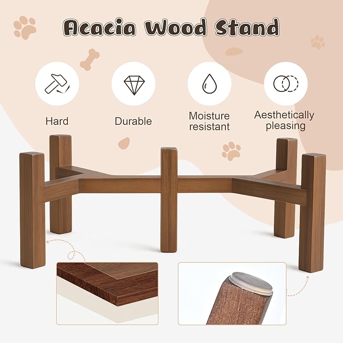 SPUNKYJUNKY Ceramic Elevated Dog Bowl Set with Acacia Wood Stand for Food and Water for Small Medium Sized Dog (28.74 OZ, White and Reddish Brown)