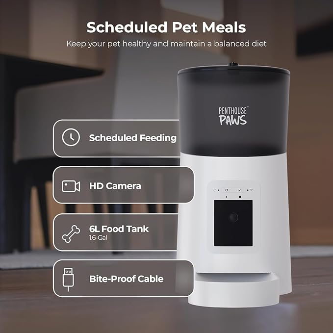 Smart HD Cat Feeder, 2 Way Audio + Voice Recording, Automatic Feeder for Dog with 1080p Night Vision Camera, WiFi App Controlled, Battery Backup, Anti Jam 6L Upto 15 Daily Meals, White