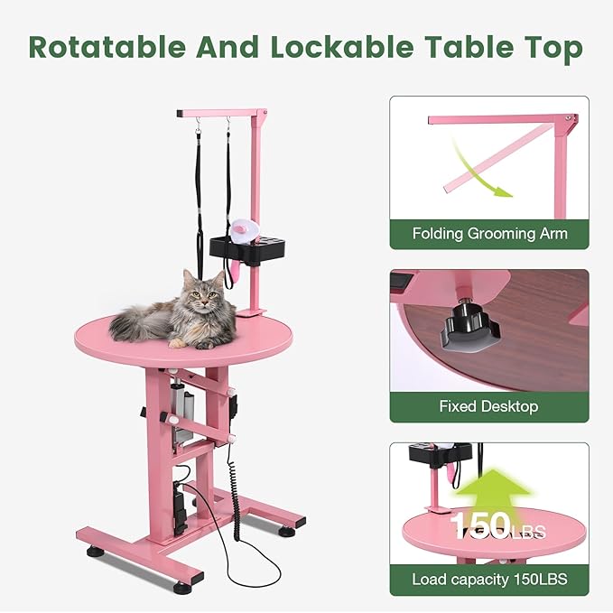 Electric Hydraulic Lift Pet Dog Grooming Table, 24Inch Grooming Desktop for Small Dogs, with Overhead Arm, Wireless Remote, Tool Organizer, Pink