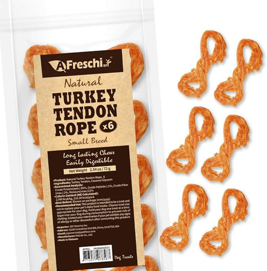Afreschi Turkey Tendon Rope (S) 6 Pieces per Pack, USA-Sourced Turkey Tendon, All Natural Human Grade Puppy Chew, Hypoallergenic, Rawhide Alternative, Dog Treats for Small Breeds