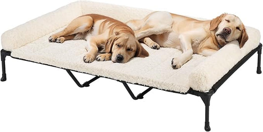 Veehoo Cooling Elevated Dog Bed Add Removable Deluxe Rose Plush Bolster Cushion Mat, 59" x 37" Washable Dog Couch Bed, Raised Pet Cot with Breathable Teslin Mesh, No-Slip Feet, White, CWC2439B