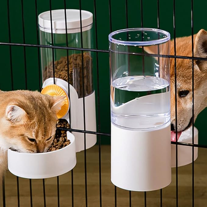 Pet Hanging Automatic Feeders Drinking Bowls 40oz, Auto Gravity Pet Feeding Water Set, Cage Pet Feeding Bowls Dispenser for Cats Dogs Puppy, Rabbit Hamsters Chinchilla Hedgehog (White-Water)