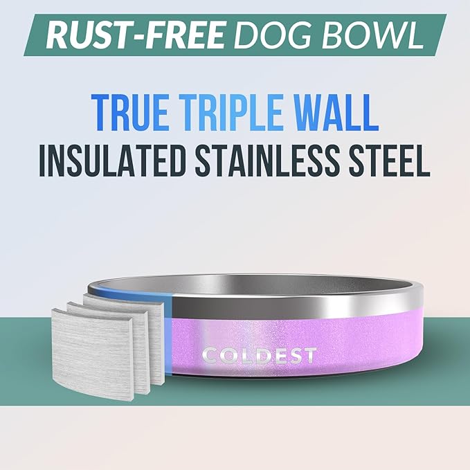 Coldest Dog Bowl - Anti Rust Metal, Non Slip, 3 Layers Insulated Stainless Steel Dog Bowls - Spill Proof & Heavy Duty - Water Bowl for Dogs, Cats, Dish Washer Safe (21 oz,Saturn's Moon Purple Glitter)