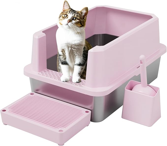 RIZZARI Stainless Steel Cat Litter Box, Semi-Closed Litter Box with High Edges, Large Odorless Litter Pan with for Small to Large Cats (Pink, 1 Pack)