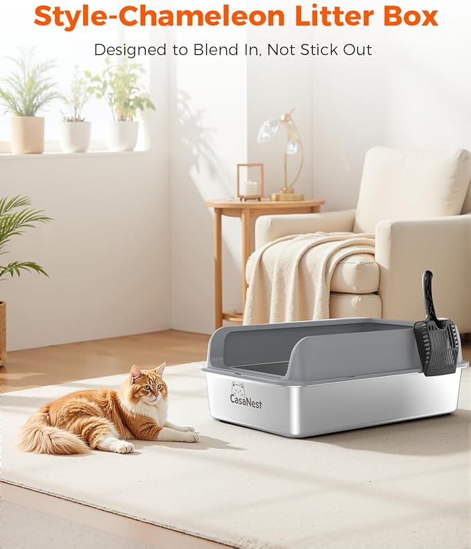 XXXL Stainless Steel Cat Litter Box 28.1''×20.5''× 10.1” Extra Large Metal Cat Litter Box for Big, Multi Cats, Anti-Leakage & Non-Stick Metal Pan, Easy to Clean, Durable (Dark Grey