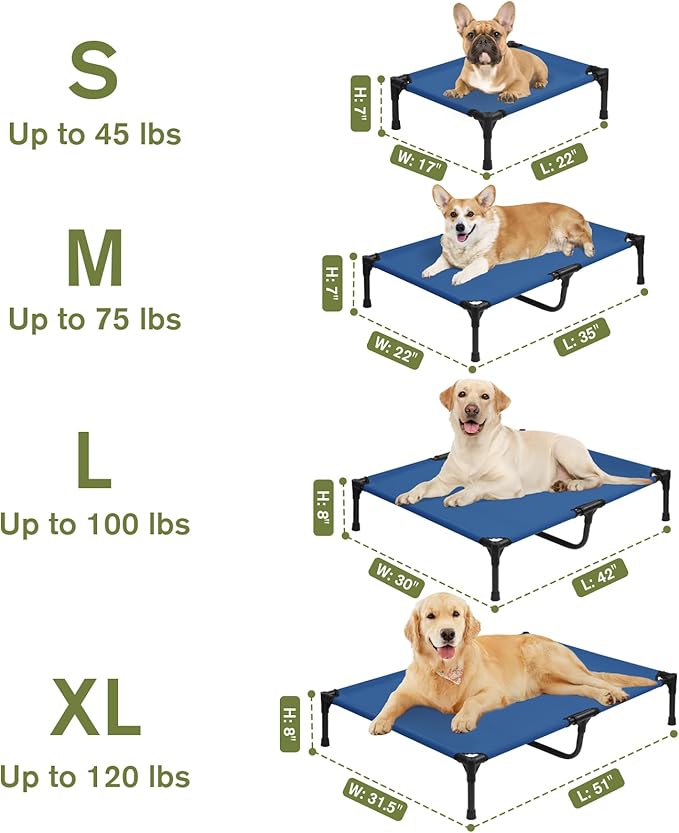 Medium Cooling Elevated Dog Bed, Outdoor Raised Pet Cots Beds for Medium Dogs with Breathable Mesh, Portable Pet Hammock, Lifted Travel Dog Bed with Non-Slip Feet, Easy to Clean, Blue, M