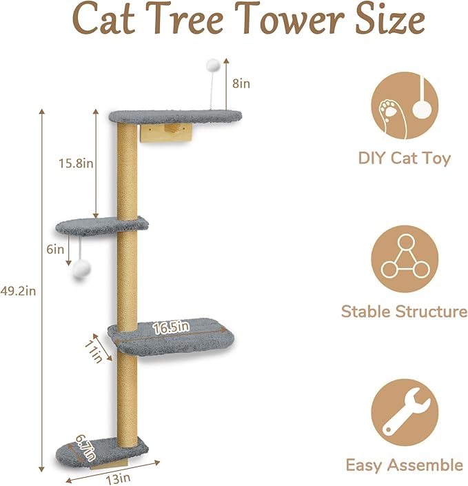 Wall Mounted Cat Wall Shelves and Climbing Tree for Kittens, 4-Tier Adjustable Cat Furniture for Indoor Cats Under 30lbs, with Grey Plush Platforms