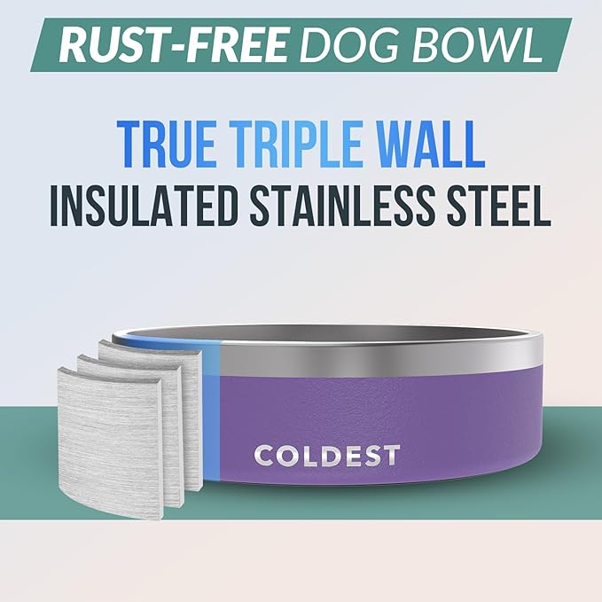 Coldest Dog Bowl - Anti Rust Metal, Non Slip, 3 Layers Insulated Stainless Steel Dog Bowls - Spill Proof & Heavy Duty - Water Bowl for Dogs, Cats & Pets, Dish Washer Safe (42 oz, Galaxy Purple)