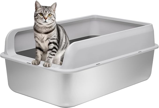 Kichwit Extra Large Stainless Steel Cat Litter Box with High Sides, Easy to Clean, Smooth Surface, Rust Resistant, 23.6" x 15.7" x 10" (with Lid)