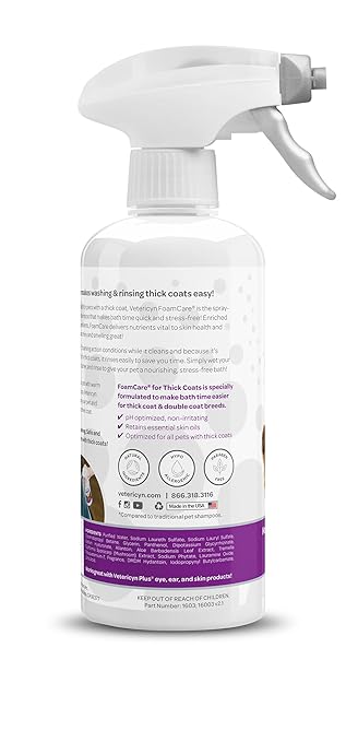 Vetericyn FoamCare Dog Shampoo and Conditioner - Instant Foaming, Spray-On Hypoallergenic Shampoo for Thick Coats, Plant-Based Formula for Dogs and Cats. 16 Ounce