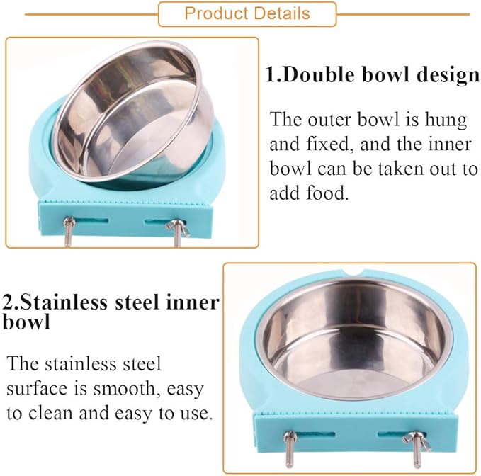 kathson Crate Dog Bowl, Removable Stainless Steel Hanging Pet Cage Bowl Food & Water Feeder Coop Cup for Cat, Puppy, Birds, Rats, Guinea Pigs (2pcs(Pink,Blue))